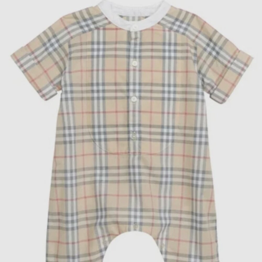 Burberry Unisex Colton Classic Check Romper Jumpsuit, Pale Stone, Sz 3 Mths, NWT